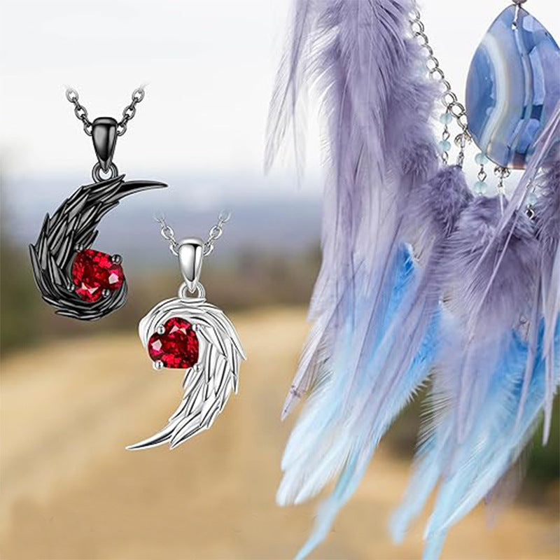 Wholesale Couple Patchwork Two-color Clavicle Chain Diamond-encrusted Love Angel Demon Feather Wings Heart-shaped Pendant Valentine's Day Necklace